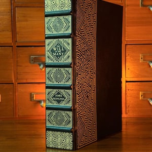 Op de afbeelding: Een zwart hardcover boek met goudfolie details op de rug en de zijkant van de kaft. De rug is voorzien van verhoogde ribben en geometrische patronen, met de tekst "THE WILL OF THE MANY" en "JAMES ISLINGTON" in goud gedrukt. Een doolhofpatroon.