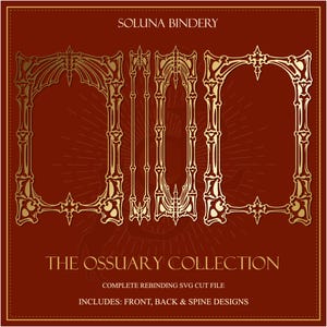 K&ouml;nnte beinhalten: Eine digitale Designdatei mit dem Titel The Ossuary Collection von Soluna Bindery, die goldfarbene, knochenartige Rahmenillustrationen f&uuml;r Buchcover zeigt. Das Set enth&auml;lt Designs f&uuml;r Vorderseite, R&uuml;ckseite und Buchr&uuml;cken.