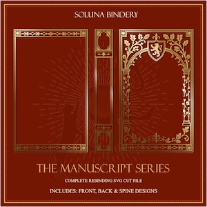 May include: A digital design file for book rebinding featuring a deep red background with gold-colored line art. The layout includes a front cover, back cover, and spine design with ornate borders, a lion crest, and the text SOLUNA BINDERY THE MANUSCRIPT SERIES.
