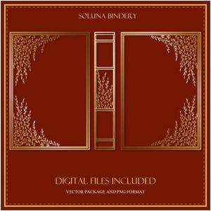 May include: A deep red book cover design featuring gold rectangular frames with intricate leaf patterns in the corners. The central spine section includes a matching leaf motif. Text reads SOLUNA BINDERY, DIGITAL FILES INCLUDED, VECTOR PACKAGE AND PNG FORMAT.