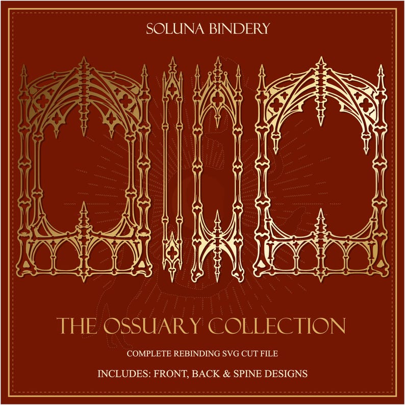 K&ouml;nnte beinhalten: Ein digitales Grafikset mit dem Titel Soluna Bindery The Ossuary Collection mit goldfarbenen gotischen Bogen- und knochenartigen Rahmendesigns f&uuml;r die Buchbindung, inklusive Vorder-, R&uuml;ck- und Buchr&uuml;ckenlayouts auf rotem Grund.