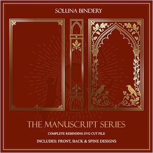 Peut inclure: Un fichier de conception numérique pour la reliure de livres intitulé SOLUNA BINDERY THE MANUSCRIPT SERIES. Le fond rouge profond présente des lignes dorées pour le devant, le dos et la tranche, avec une arche ornée d'oiseaux et de feuillage.