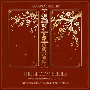 Op de afbeelding: Een dieprood boekomslagontwerp met gouden kersenbloesemtakken, een silhouet van een kat en de tekst SOLUNA BINDERY, THE BLOOM SERIES, COMPLETE REBINDING SVG CUT FILE, INCLUDES: FRONT, BACK & SPINE DESIGNS. Het ontwerp bevat de voorzijde, achterzijde en rug.