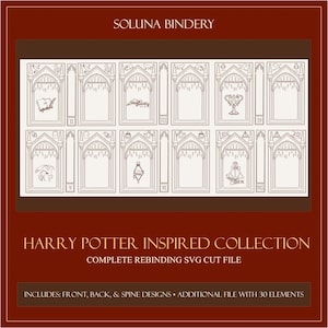 Może przedstawiać: Cyfrowy zestaw plików do cięcia SVG zatytułowany SOLUNA BINDERY HARRY POTTER INSPIRED COLLECTION COMPLETE REBINDING SVG CUT FILE. Obraz przedstawia serię prostokątnych paneli z gotyckimi łukami i różnymi małymi ikonami wykonanymi liniami.