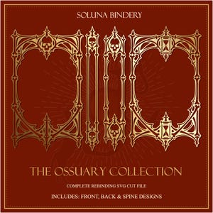 K&ouml;nnte beinhalten: Ein digitales Design-Set mit dem Titel SOLUNA BINDERY THE OSSUARY COLLECTION, das goldfarbene, verzierte Rahmen mit Totenkopf- und Sanduhrmotiven f&uuml;r die Buchbindung zeigt. Enth&auml;lt SVG-Schnittdateien f&uuml;r Vorder-, R&uuml;ckseite und Buchr&uuml;cken.