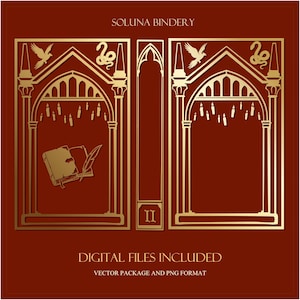 Peut inclure: Une couverture de livre rouge foncé avec des lignes dorées représentant des arches gothiques, des bougies suspendues, un oiseau, un serpent, une plume et un livre ouvert. Le texte indique SOLUNA BINDERY, II, et DIGITAL FILES INCLUDED.