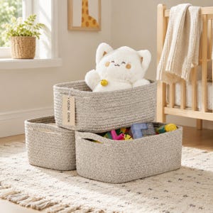 Set of 3 Toy Storage Baskets Cotton Rope Nursery Bins Woven Rectangle Hamper Playroom Organizer Baby Shower Gift Grey Neutral Blanket Bin