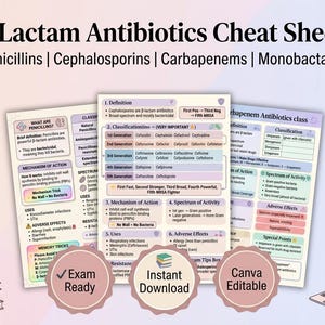 May include: A set of three study sheets titled "β-Lactam Antibiotics Cheat Sheets" with information on penicillins, cephalosporins, carbapenems, and monobactams. The sheets include definitions, classifications, and adverse effects. Includes "Exam Ready" and "Instant Download" badges.