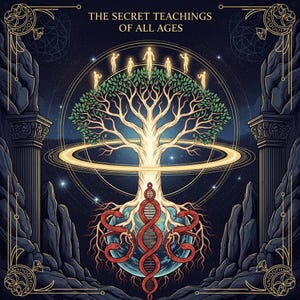 Peut inclure: Illustration artistique avec un arbre central entouré d'un halo lumineux et de figures, avec des racines entrelacées avec une double hélice. Le texte "THE SECRET TEACHINGS OF ALL AGES" est en haut. Thème céleste et mystique.