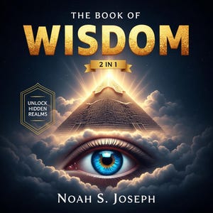 Peut inclure: Couverture de livre avec le titre "THE BOOK OF WISDOM" en lettres dorées. L'image présente une pyramide émettant de la lumière, un œil avec un iris bleu et le texte "UNLOCK HIDDEN REALMS". Le nom de l'auteur, Noah S. Joseph, est en bas.
