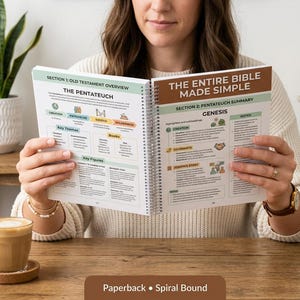 Può includere: Un libro tascabile rilegato a spirale intitolato "The Entire Bible Made Simple" è aperto, mostrando riassunti dettagliati e temi chiave. Il libro è tenuto da una persona, con una tazza di caffè e una pianta sullo sfondo.