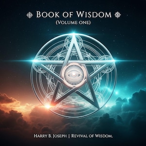 May include: A digital illustration of a book cover with the title "BOOK OF WISDOM" and "(VOLUME ONE)". The cover features a silver pentagram with an eye in the center, surrounded by geometric lines, set against a cosmic background with clouds and stars. The author's name and book title are at the bottom.