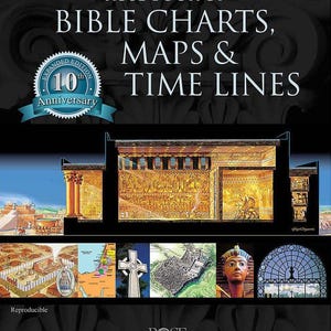 May include: The cover of "Rose Book of Bible Charts, Maps & Time Lines" features illustrations of biblical scenes and maps. The book's title is in large white text, with an "Expanded Edition" seal and "10th Anniversary" ribbon. The bottom of the cover includes the Rose Publishing logo.