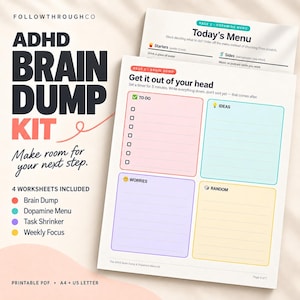 Może przedstawiać: Zestaw ADHD Brain Dump Kit w formacie PDF do druku, zawierający cztery arkusze: Brain Dump, Dopamine Menu, Task Shrinker i Weekly Focus. Główna strona przedstawia układ czterech kwadrantów na zadania, pomysły, obawy i notatki w pastelowych kolorach.