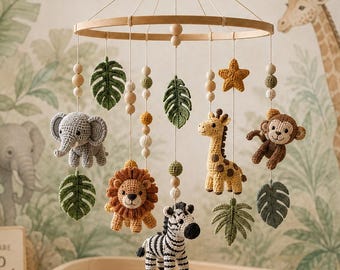 Virkad safari-babymobil, handgjord djungel-barnrumsmobil för spjälsäng, elefant, lejon, giraff, apa, zebra, babyshowerpresent, boho barnrumsdekor