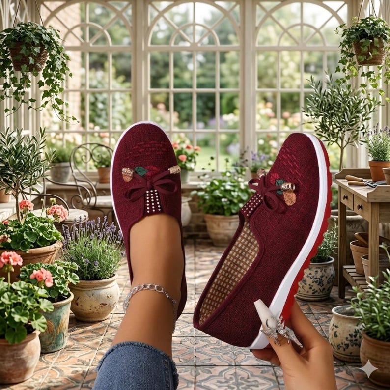 May include: Burgundy slip-on shoes with white soles and red trim. Each shoe features a decorative bow with floral and acorn accents. The shoes have a textured upper and a checkered interior.