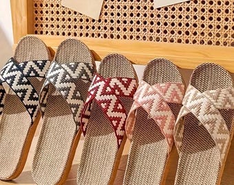 Handmade Linen Flip Flops – Women’s Summer Indoor Slippers, Cross Woven Rattan, Flat Anti-Slip
