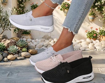 Women’s Casual Walking Sneakers – Lightweight Breathable Knit Shoes, Soft Sole Comfort Trainers, Solid Style