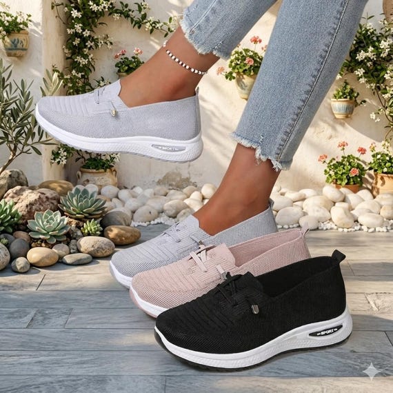 Women’s Casual Walking Sneakers – Lightweight Breathable Knit Shoes, Soft Sole Comfort Trainers, Solid Style