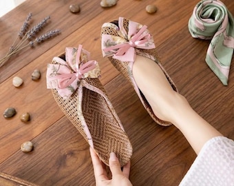 Handmade Rattan Bow Tie Slippers – Korean  House Slides, Breathable Soft Sole Indoor Sandals