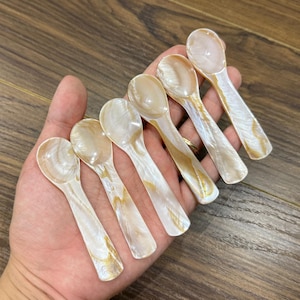 Puede incluir: Un juego de seis cucharas pequeñas, nacaradas, con un brillo natural e iridiscente. Las cucharas tienen un cuenco redondeado y un mango delgado, con una combinación de colores blanco crema y dorado. Las cucharas se sostienen en una mano.