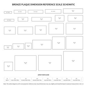 May include: A black and white schematic diagram titled BRONZE PLAQUE DIMENSION REFERENCE SCALE SCHEMATIC. It displays various rectangular outlines with numerical dimensions in cm and aspect ratios, plus an ASPECT RATIO GUIDE at the bottom.