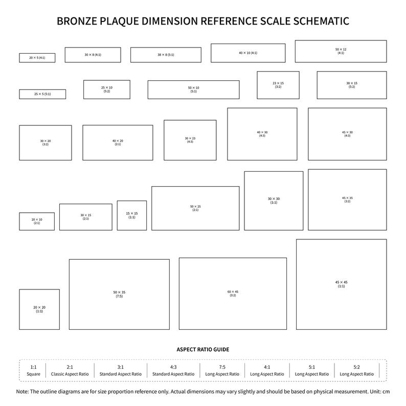 May include: A black and white schematic diagram titled BRONZE PLAQUE DIMENSION REFERENCE SCALE SCHEMATIC. It displays various rectangular outlines with numerical dimensions in cm and aspect ratios, plus an ASPECT RATIO GUIDE at the bottom.
