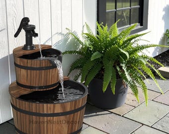 Rustic 2 Tier Wood Barrel Outdoor Water Fountain, Cascading Garden Fountain with Electric Hand Pump, Patio Yard Backyard Waterfall Decor