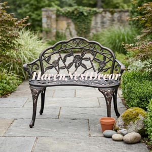 May include: A dark bronze-colored metal garden bench featuring an intricate backrest with sculpted rose motifs, scrolling vine patterns, and curved armrests. The bench has four legs with rose detailing and a seat with a lattice-style design.