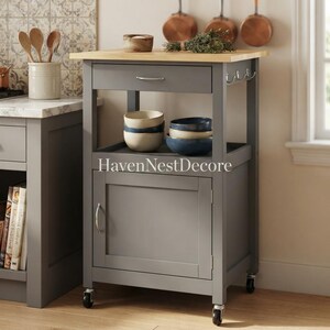 Kitchen Island Cart Rolling Storage Trolley, Mobile Kitchen Island with Drawer, Hardwood Top Coffee Bar Serving Cart