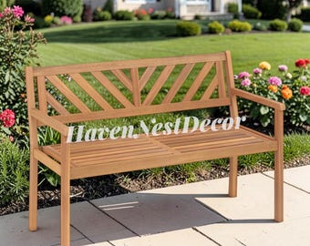 Acacia Wood Outdoor Loveseat Bench, 2 Person Patio Garden Bench with Backrest, Slatted Wooden Seating Furniture for Porch Backyard Deck