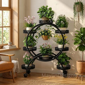 May include: A black metal plant stand with multiple circular shelves, each holding potted plants with various green and flowering foliage. The stand has a unique, artistic design and is on wheels.