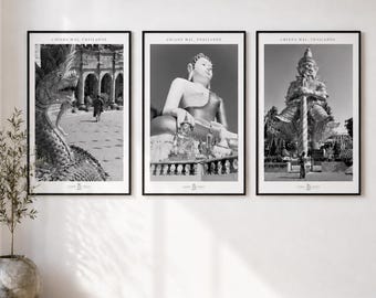 Tirage photo noir et blanc Thaïlande, Temple Bouddhiste, Chiang Maï, Déco Murale Zen Asiatique, Affiche Poster A4, A3, A3+