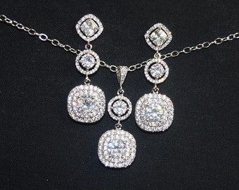 Crystal Wedding Jewelry Set for Brides Silver Bridal Statement Necklace and Earring Set Square Cubic Zirconia Unique Bridal Jewelry Set