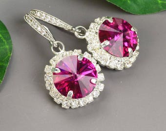 Pink Crystal Dangle Earrings Silver  Crystal Earrings for Women Fuchsia Drop Earrings Pink Bridesmaid Earrings Mother of the Bride