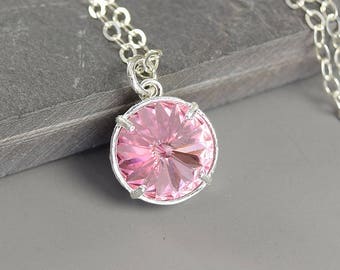 October Birthstone Necklace for Mom Birthday Gift Pink Crystal Necklace for Women Sterling Silver October Birthday Jewelry for Her