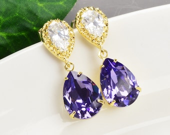 Puple Bridal Earrings Gold  Crystal Teardrop Tanzanite Dangle Earrings Purple Bridesmaid Jewelry Mother of the Bride Earrings