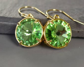 August Birthstone Earrings, Peridot Crystal Earrings, August Birthday Gift, Peridot Earrings Gold Dangle, Green Crystal Earrings