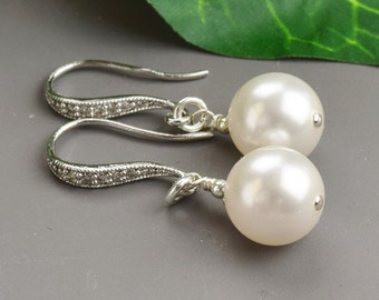 White Pearl Earrings Bridal - Bridesmaid Earrings - White Pearl Drop Earrings Silver -  Wedding Earrings - Bridal Jewelry - Pearl Jewelry