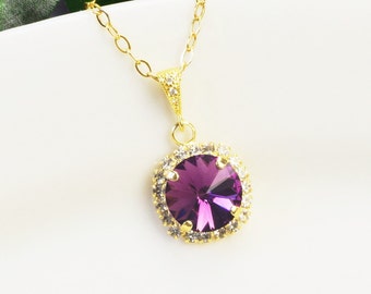 Amethyst Bridal Jewelry Gold Dark Purple Wedding Necklace for Brides  Crystal Pendant Necklace Purple Bridesmaid Jewelry Gifts