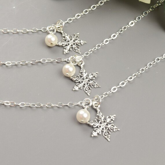 Bridesmaid Necklace SET OF 4 Snowflake Necklaces Sterling Silver