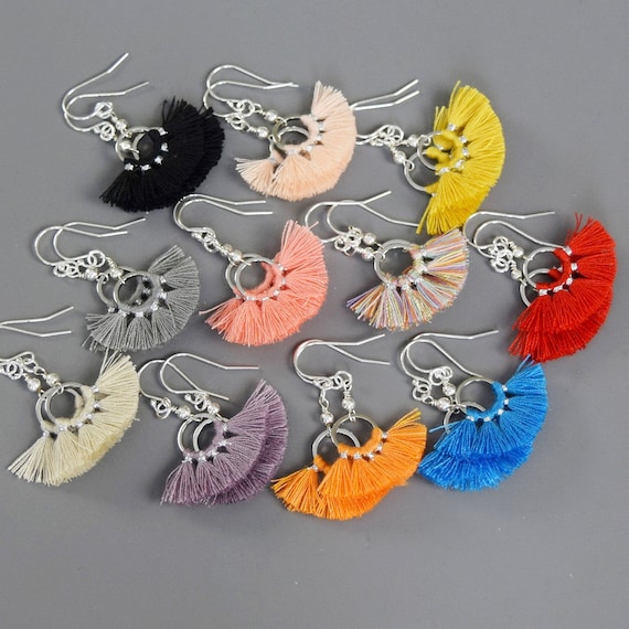 Sterling Silver Fan Tassel Earrings Silver Colorful Fringe