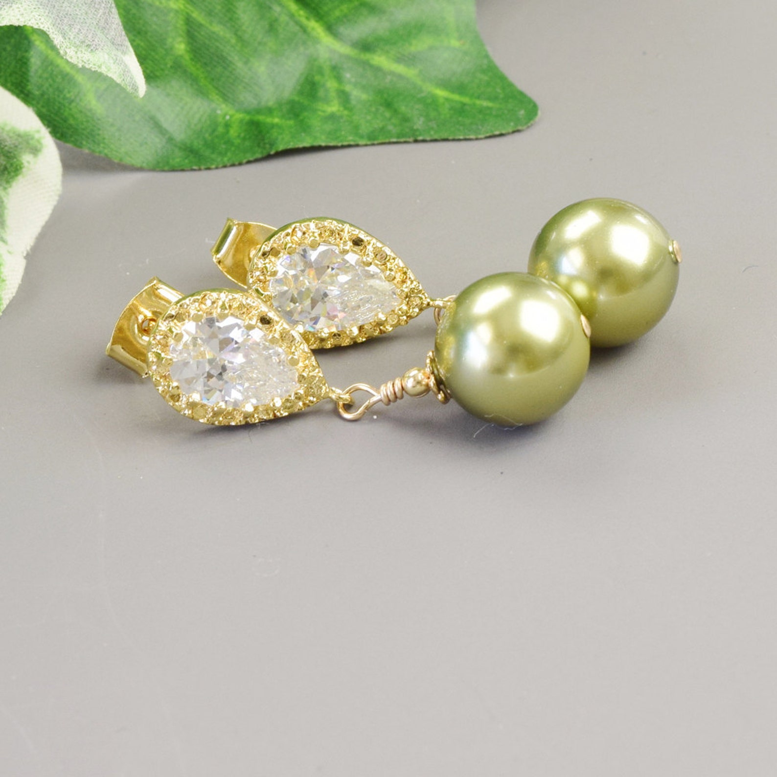 Sage Green Pearl Earrings Gold Cubic Zirconia Earrings Etsy