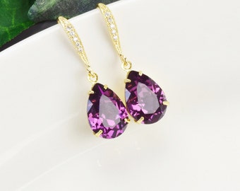 Amethyst Bridal Earrings Gold Purple  Crystal Teardrop Earrings Wedding Jewelry for Bridesmaids Gifts Maid of Honor Earrings
