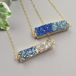 Blue Druzy Necklace Gold Druzy Bar Pendant Necklace Druzy Jewelry Trendy Necklaces for Women Birthday Gift for Mom Unique Best Friend Gift image 5