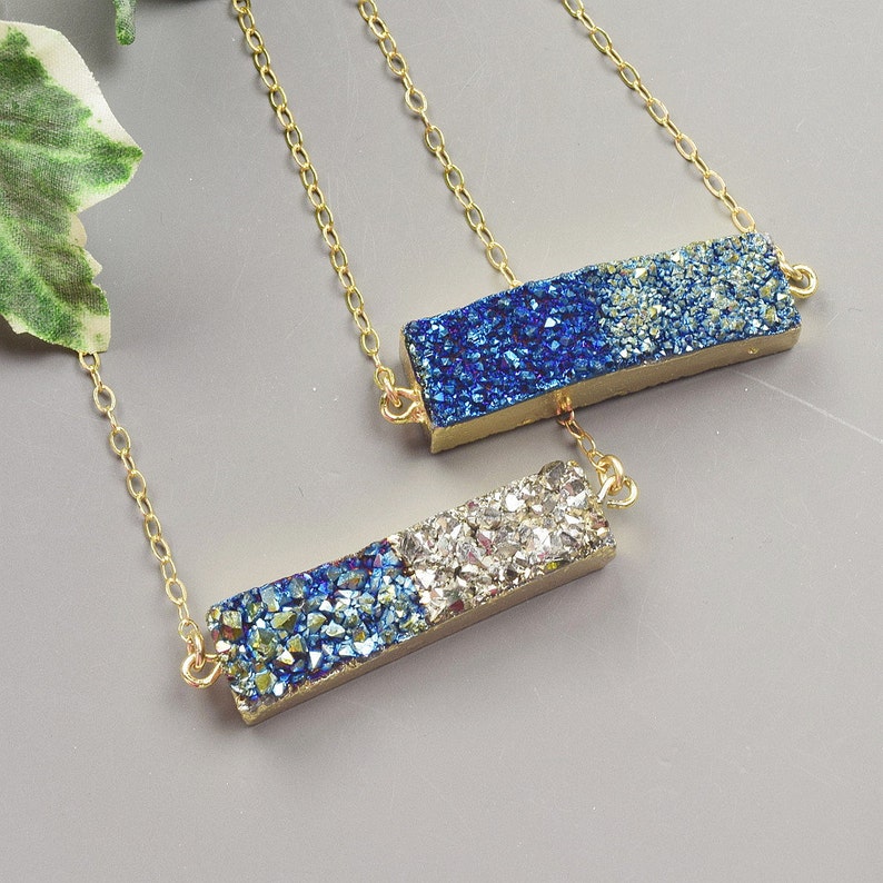 Blue Druzy Necklace Gold Druzy Bar Pendant Necklace Druzy Jewelry Trendy Necklaces for Women Birthday Gift for Mom Unique Best Friend Gift image 5