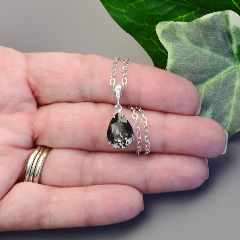 Charcoal Gray Necklace Silver Crystal Teardrop Pendant Necklace Gray Bridesmaid Necklace Grey Wedding Jewelry for Bridesmaids image 3