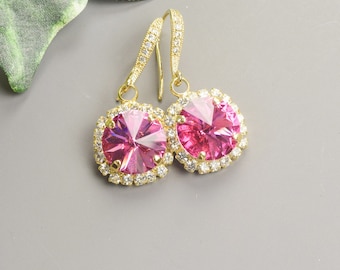 Bright Pink  Crystal Earrings Gold Pink Bridesmaid Jewelry Gifts October Birthstone Earrings Bridal Party Gifts Jewelry