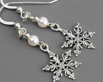Snowflake Earrings Sterling Silver  Pearl Snowflake Jewelry Winter Wedding Jewelry for Bridesmaids