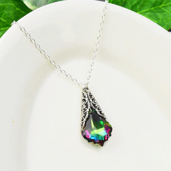 Swarovski Crystal Necklace - Royal Blue Purple Emerald Green Crystal Pendant Necklace - Silver Victorian Necklace - Sterling Silver Chain